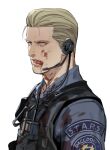  1boy albert_wesker bad_source blonde_hair blood blood_on_clothes blood_on_face bulletproof_vest hair_slicked_back highres licking_blood licking_lips muscular muscular_male police police_uniform red_eyes resident_evil tatsumi_(psmhbpiuczn) tongue tongue_out uniform 