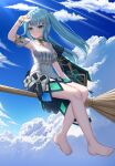  1girl absurdres aqua_hair aqua_nails arm_up armlet armpits bare_legs barefoot breasts broom broom_riding chinese_commentary clothing_cutout cloud cloudy_sky collarbone commentary_request day dress faruzan_(genshin_impact) floating_hair full_body genshin_impact hair_ornament highres long_hair looking_to_the_side miniskirt multicolored_clothes multicolored_skirt nail_polish outdoors parted_lips short_sleeves sidelocks sitting skirt skirt_cutout sky skym_(kumei) solo symbol-shaped_pupils toenail_polish toenails toes triangle-shaped_pupils twintails white_dress wristlet x_hair_ornament 