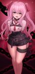  1girl absurdres belt bondage_outfit boots chain duplicate english_commentary flat_chest goddess_of_victory:_nikke highres holding holding_whip mole mole_under_mouth open_mouth pink_hair randomnoisesart solo thick_thighs thighs tongue tongue_out twintails whip yuni_(nikke) 