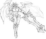  1boy aatrox absurdres claws closed_mouth demon_boy demon_wings full_body greyscale highres holding holding_sword holding_weapon huge_weapon league_of_legends looking_at_viewer monochrome navel samoel_dso solo sword weapon wings 