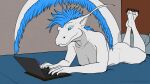  anthro areola areola_slip bed bedroom breasts butt chilling christa_(rebeldragon101) claws computer dragon feet female furniture hi_res laptop nude paws peeking_nipple rebeldragon101 sex_toy tail 