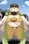  2023 anthro balls belly blush bound canid canine canis clothing detailed_background domestic_dog flaccid genitals hat headgear headwear hi_res inugamihito kemono lifewonders live_a_hero male mammal outside overweight overweight_male penis procy pubes rope solo 