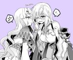  2girls bare_shoulders blush breasts cheek_pinching circlet fire_emblem fire_emblem:_genealogy_of_the_holy_war fire_emblem:_thracia_776 hands_up julia_(fire_emblem) long_hair looking_at_another medium_breasts monochrome multiple_girls parted_lips pinching purple_background sara_(fire_emblem) smile spoken_star spoken_sweatdrop star_(symbol) sweatdrop wavy_hair yukia_(firstaid0) 