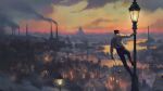  1boy absurdres brown_footwear brown_pants city city_lights cityscape highres lamppost official_art outdoors pants shirt shoes smoke smokestack solo sunset suspenders victoria_3 white_shirt 