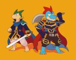 anthro armor axe battle_axe belt belt_buckle blue_body blue_scales cape clothing countershading duo feraligatr fur generation_2_pokemon green_body green_fur ionicisaac looking_at_viewer male melee_weapon nintendo pokemon pokemon_(species) pose scales shadow simple_background sword tan_body tan_countershading typhlosion weapon yellow_background 
