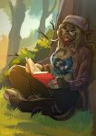  anthro blizzard_entertainment book bovid bovine clothed clothing digital_media_(artwork) female forest forest_background fur hair kammi-lu mammal moredrasia nature nature_background plant reading reading_book simple_background smile solo tauren tree warcraft 