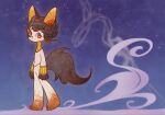  1boy absurdres animal_ears anubis_(mythology) black_hair bracelet egyptian_mythology full_body highres hua_hua_de_meme jackal_boy jackal_ears jackal_tail jewelry looking_to_the_side original pants purple_background purple_eyes short_hair smoke solo starry_background usekh_collar walking white_pants 