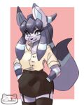  absurd_res ac_doodlebot anthro blue_markings blue_sclera bottomwear celena_(sparkingyagi) clothed clothing dress_shirt ear_markings eeveelution eyebrows eyelashes female fur fur_markings generation_2_pokemon generation_4_pokemon glaceon gloves_(marking) grey_body grey_fur hair hi_res hybrid legwear long_ears markings nintendo pokemon pokemon_(species) ponytail shirt solo tail tail_markings topwear umbreon watermark 