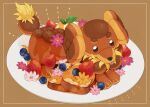  blueberry brown_background brown_eyes commentary_request dachsbun flower food french_toast fruit full_body highres ice_cream ktyon3 leaf looking_at_viewer mint no_humans open_mouth pink_flower plate pokemon pokemon_(creature) simple_background solo strawberry syrup tongue tongue_out yellow_flower 