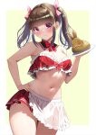  1girl absurdres akihiro0920 apron bare_arms blunt_bangs blush border breasts brown_hair commentary_request cowboy_shot detached_collar hair_ribbon highres holding holding_plate looking_at_viewer maid_apron medium_breasts navel original plate purple_eyes rabbit red_skirt red_tube_top ribbon sidelocks simple_background skirt smile standing strapless thighs tube_top twintails underboob white_border 