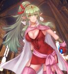  1girl aged_up breasts cape cleavage commentary_request dragonstone dress fire_emblem fire_emblem_awakening gloves green_eyes green_hair hair_ornament hair_ribbon hazuki_(nyorosuke) highres indoors jewelry large_breasts long_hair looking_at_viewer pink_cape pointy_ears ponytail red_dress red_gloves ribbon short_dress smile solo thighhighs tiara tiki_(adult)_(fire_emblem) tiki_(fire_emblem) 