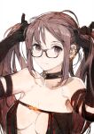  1girl bare_shoulders black_dress blush breasts brown_eyes brown_hair bunching_hair center_opening choker collarbone dress ear_piercing earrings fate/grand_order fate_(series) glasses gloves highres jewelry long_hair looking_at_viewer medium_breasts piercing revealing_clothes revision smile solo strapless toi8 twintails very_long_hair yu_mei-ren_(fate) 