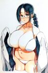  1girl bikini black_hair black_kimono bleach braid braided_ponytail breasts cleavage glasses highres huge_breasts japanese_clothes katori_batsuunsai kimono long_hair looking_at_viewer rimless_eyewear round_eyewear sabusupi standing swimsuit undressing 