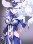  1girl blue_eyes breasts dress duel_monster gloves hair_between_eyes hat highres hip_vent holding large_breasts long_hair looking_at_viewer pinyata_(pinyaland) silent_magician solo staff surcoat wand white_gloves white_hair witch_hat wizard_hat yu-gi-oh! 