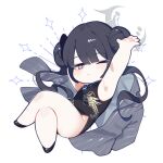  1girl arms_up black_dress black_footwear black_hair blue_archive blush chibi china_dress chinese_clothes closed_mouth coat crossed_legs double_bun dragon_print dress grey_coat grey_eyes hair_bun halo highres hufy kisaki_(blue_archive) long_hair looking_at_viewer one_eye_closed simple_background sleeveless sleeveless_dress solo very_long_hair white_background 