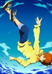  1boy absurdres ankle_socks arm_up blue_footwear blue_sky brown_hair falling hair_between_eyes headphones headphones_around_neck highres hood hoodie jewelry katekyo_hitman_reborn! long_sleeves male_focus orange_headphones phone ring sawada_tsunayoshi shirt sky smile socks solo u-box_(08) upside-down yellow_eyes yellow_hoodie yellow_shirt yellow_socks yellow_wristband 