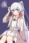  1girl blue_eyes blush confused dress earrings hand_in_own_hair hand_up highres jacket jewelry knees long_hair necklace open_clothes open_jacket open_mouth ponytail r_kappa723 rwby sash scar scar_across_eye simple_background solo tiara very_long_hair weiss_schnee white_dress white_hair 