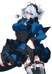  1girl absurdres black_gloves blue_dress braid breasts corset dress frills gloves grin highres himadera holster izayoi_sakuya knife large_breasts long_sleeves maid_headdress puffy_sleeves simple_background smile solo teeth thigh_holster thighhighs touhou twin_braids white_background 