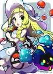  1girl bag blonde_hair braid cosmog doradorakingyo dress eyelashes green_eyes hand_on_headwear lillie_(pokemon) long_hair looking_at_viewer open_mouth poke_ball poke_ball_(basic) pokemon pokemon_(creature) pokemon_sm shoulder_bag twin_braids twitter_username white_dress white_headwear 