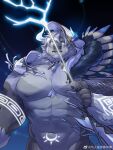  1boy abs animal_ears arm_tattoo bara bare_pectorals big_foot_(housamo) blue_eyes blue_horns bottomless cow_ears cowboy_shot feather_necklace furry furry_male glowing_horns glowing_tattoo highres holding holding_staff hood hood_up horns jewelry large_pectorals magic male_focus minotaur mismatched_horns mismatched_pupils muscular muscular_male native_american native_american_clothes necklace nipples pectorals short_hair solo staff stomach stomach_tattoo tattoo tearing_clothes tokyo_afterschool_summoners tooth_necklace torn_clothes tribal_tattoo white_fur white_hair zong_wumi 