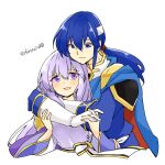  1boy 1girl blue_eyes blue_hair brother_and_sister cape circlet dress fire_emblem fire_emblem:_genealogy_of_the_holy_war headband holding_hands hug hug_from_behind julia_(fire_emblem) open_mouth ponytail purple_eyes purple_hair seliph_(fire_emblem) siblings simple_background smile white_headband yukia_(firstaid0) 