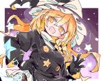  1girl black_gloves black_headwear black_shirt blonde_hair blush bow braid gloves hair_between_eyes hat hat_bow kirisame_marisa long_hair long_sleeves massakasama mini-hakkero open_mouth shirt single_braid smile solo star_(symbol) touhou upper_body white_bow witch_hat yellow_eyes 