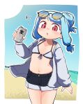  1girl absurdres alternate_costume alternate_hairstyle asihire beach beer_can bikini bikini_top_only black_shorts blue_sky blush border breasts can commentary_request cowboy_shot day denim denim_shorts eyewear_on_head grey_bikini grey_hoodie hair_bun hand_up highres holding holding_can hood hood_down hoodie kotonoha_aoi long_sleeves looking_at_viewer low_tied_sidelocks ocean open_clothes open_hoodie outdoors outline red_eyes sand short_shorts shorts sidelocks single_hair_bun sky small_breasts smile solo stomach sunglasses swimsuit voiceroid white_border white_outline 