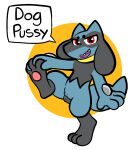  alpha_channel animal_genitalia animal_pussy anthro canid canine canine_genitalia canine_pussy dialogue english_text female generation_4_pokemon genitals mammal nintendo on_one_leg pawpads pokemon pokemon_(species) pussy riolu solo speech_bubble standing telegram_sticker text trout_(artist) 