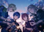  4boys blue_eyes blue_hair chinese_commentary closed_mouth commentary dark_blue_hair eden_(ensemble_stars!) ensemble_stars! fireworks from_below glasses green_hair grey_hair hair_between_eyes holding_fireworks japanese_clothes kimono long_hair male_focus multiple_boys orange_eyes outdoors ponytail purple_eyes purple_hair ran_nagisa rrr_(reason) saegusa_ibara sazanami_jun short_hair smile teeth tomoe_hiyori watermark yellow_eyes yukata 