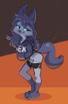  2023 anthro blue_eyes breasts butt canid canine canis clothed clothing english_text female fur hair hi_res looking_at_viewer mammal mini_(puppy_in_space) multicolored_body multicolored_fur purple_body purple_fur purple_hair purple_tail simple_background siroc smile smiling_at_viewer solo standing tail text two_tone_body two_tone_fur wolf 
