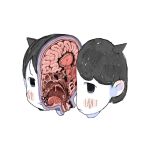  ambiguous_gender anatomy bisected black_eyes black_hair blue_eyes blush brain guro head_only horns oni_horns opossumachine original short_hair simple_background solo tareme uvula white_background 