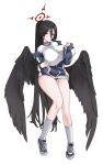  1girl black_choker black_hair black_wings blue_archive blue_footwear blue_jacket breasts choker clipboard commentary_request feathered_wings full_body gym_shirt gym_shorts gym_uniform halo hasumi_(blue_archive) hasumi_(track)_(blue_archive) highres holding holding_clipboard huge_breasts jacket large_wings long_hair looking_at_viewer low_wings mole mole_under_eye off_shoulder official_alternate_costume partially_unzipped ponytail red_eyes red_halo shirt shoes shorts simple_background socks solo standing track_jacket uuronhai very_long_hair white_background white_shirt white_socks wings 