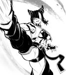  1girl abs ass belt bracelet breasts cleavage collar fingerless_gloves from_below gloves hair_bun han_juri high_kick jewelry kicking looking_at_viewer medium_breasts midriff monochrome multicolored_hair muscular muscular_female one_eye_covered pants short_hair simple_background smile solo spiked_bracelet spiked_collar spikes street_fighter street_fighter_6 teeth thighs two-tone_hair underboob upper_teeth_only websake white_background 