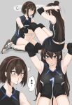  2girls absurdres armpits blood blush elbow_sleeve exercise fuku_(fuku12290574) hairband highres knee_pads long_hair multiple_girls nosebleed original shoes short_hair sneakers sportswear staring sweat translation_request volleyball_uniform yuri 