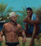  2boys abs bara baseball_cap beard black_hair black_male_swimwear call_of_duty call_of_duty:_modern_warfare_2 can captain_price dark-skinned_male dark_skin day facial_hair gaz_(call_of_duty_4) hat highres holding holding_can large_pectorals makenzie_polkas male_focus male_swimwear multiple_boys muscular muscular_male navel nipples outdoors pectorals short_hair sunglasses towel towel_on_one_shoulder watch wristwatch 