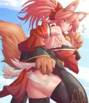  1girl animal_ear_fluff animal_ears animal_hands ass bell blush breasts cat_paws cloud cloudy_sky collar detached_sleeves eyebrows_hidden_by_hair fate/grand_order fate_(series) fox_ears fox_girl fox_tail highres large_breasts neck_bell pink_hair sky solo tail tamamo_(fate) tamamo_cat_(fate) zawa_(zawzawranran2) 