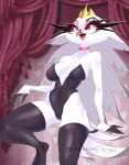  anthro avian black_clothing breasts bunny_costume clothing costume female helluva_boss hi_res legwear purrynx red_eyes seductive solo standing stella_(helluva_boss) tight_clothing white_body white_breasts 