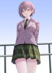  1girl absurdres arms_behind_back bang_dream! blazer blue_sky blurry blurry_background breasts brown_eyes buttons collared_shirt commentary cowboy_shot day diagonal-striped_necktie from_below green_necktie green_skirt grey_hair grey_jacket hair_behind_ear hair_between_eyes haneoka_school_uniform highres jacket light_blush long_sleeves looking_at_viewer looking_down medium_breasts miniskirt necktie outdoors parted_lips plaid plaid_skirt pleated_skirt pocket ptal railing school_uniform shirt short_hair skirt sky solo standing takamatsu_tomori teeth upper_teeth_only white_shirt 