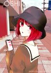  1girl absurdres arima_kana black_headwear bob_cut brown_sweater dated highres holding holding_phone inverted_bob looking_at_viewer oshi_no_ko phone red_eyes red_hair road sailor_collar solo street sweater twitter_username yurigera_8959 