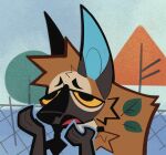 ambiguous_gender anthro big_ears bolthamos brown_body brown_fur clone_high fan_character frown fur hi_res hyena mammal open_frown open_mouth plant prick_ears solo style_parody the_hands_of_sincerity toony tree 
