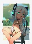  1girl :d absurdres aqua_eyes aqua_nails bangle bare_legs bare_shoulders between_legs bikini black_choker blurry blurry_background blush bracelet breasts chair choker collarbone commentary dated digitan_(porforever) electric_plug english_commentary fang feet_out_of_frame gold_bikini hair_between_eyes hand_between_legs headphones heart heart_tail highres jewelry legs long_hair looking_at_viewer nail_polish navel off_shoulder open_clothes open_mouth open_shirt original porforever power_symbol shirt sitting small_breasts smile solo star-shaped_pupils star_(symbol) stomach swimsuit symbol-shaped_pupils tail water_drop white_hair white_shirt 