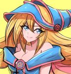  1girl bare_shoulders blonde_hair blue_dress blue_eyes breasts cleavage closed_mouth collarbone dark_magician_girl dress hat highres large_breasts long_hair looking_at_viewer off-shoulder_dress off_shoulder omiza_somi simple_background smile solo upper_body witch witch_hat yellow_background yu-gi-oh! 