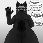  absurd_res animal_genitalia animal_penis anthro balls black_balls black_body black_pawpads black_penis canid canine canine_genitalia canine_penis canis changed_(video_game) chubby_anthro dialogue erection faguette first_person_view fur genitals gesture hand_behind_back hi_res looking_at_viewer male mammal moobs pawpads penis puro_(changed) shaded simple_background slightly_chubby smile solo speech_bubble talking_to_viewer text thick_thighs waving waving_at_viewer waving_hand white_background white_mask wolf 