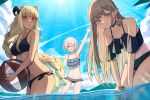  3girls absurdres arm_up ball bare_shoulders beachball bikini black_bikini blonde_hair blue_bikini blush braid braided_ponytail breasts brown_hair choker cloud collarbone contrail day groin hair_ornament hair_over_one_eye highres holding holding_ball horns isana615 leaning_forward long_hair looking_at_viewer medium_breasts multiple_girls navel original outdoors pointy_ears red_eyes scrunchie short_sleeves sidelocks small_breasts smile swimsuit wading water waving white_hair wrist_scrunchie x_hair_ornament 