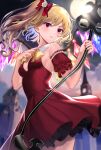  1girl alternate_costume backlighting blonde_hair crystal detached_sleeves dress flandre_scarlet holding holding_weapon laevatein_(touhou) one_side_up outdoors puffy_short_sleeves puffy_sleeves red_dress scarlet_devil_mansion short_hair short_hair_with_long_locks short_sleeves solo sun touhou uemura_shun weapon wings 