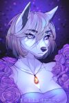  animal_humanoid anthro breasts canid canine clothed clothing digital_media_(artwork) female hair hi_res humanoid mammal portrait simple_background smile solo stelladraco text 