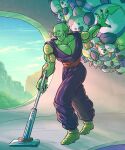  1boy antennae arm_up biceps black_nails blue_sky boots closed_mouth cloud collarbone colored_skin commentary_request day dougi dragon_ball dragon_ball_super dragon_ball_super_super_hero fingernails floating frown full_body green_skin highres holding_vacuum_cleaner indoors koukyouji levitation long_fingernails male_focus mountain muscular muscular_male namekian pants pectorals piccolo pointy_ears purple_pants red_sash sash serious sky solo standing stuffed_animal stuffed_toy v-shaped_eyebrows vacuum_cleaner window yellow_footwear 