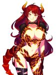  1girl alternate_costume belt blush breasts choker dola_(nijisanji) dragon_girl dragon_horns dragon_tail gloves gradient_horns highres horns large_breasts long_hair looking_at_viewer magari_(c0rn3r) molten_rock multicolored_horns nijisanji partially_fingerless_gloves red_eyes red_hair simple_background skindentation smile solo tail thigh_belt thigh_strap very_long_hair virtual_youtuber white_background 
