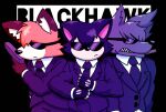  anthro black_body canid canine canis clothing english_text eyewear fox gloves group gun handwear hi_res male mammal necktie orange_body ranged_weapon suit sunglasses teeth text thedeathcrow05 trio weapon wolf 
