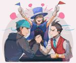  1girl 2boys :d ace_attorney anger_vein antenna_hair apollo_justice aqua_necktie arm_wrestling arms_up beanie beard_stubble black_dress black_hair blank_speech_bubble blue_cape blue_headwear bracelet breast_pocket brown_eyes brown_hair buttons cape closed_eyes closed_mouth cropped_torso dress flag gloves grey_background grey_jacket hat holding holding_flag hood hood_down hooded_jacket jacket jewelry kaeru_(qingwali) lapel_pin lapels long_sleeves multiple_boys necktie phoenix_wright pocket profile red_scarf red_vest scarf shirt short_hair sleeves_rolled_up smile speech_bubble swept_bangs table top_hat trembling trucy_wright twitter_username upper_body v-shaped_eyebrows vest white_gloves white_shirt 